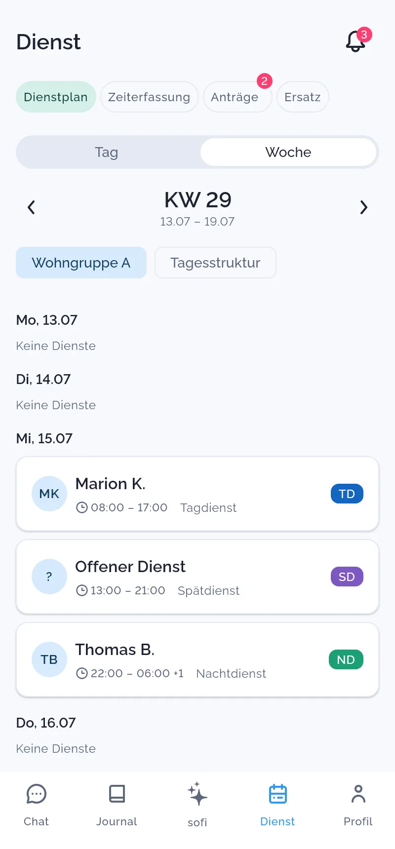 Fokus App – Dienstplan-Wochenansicht mit allen Diensten des Teams am Smartphone